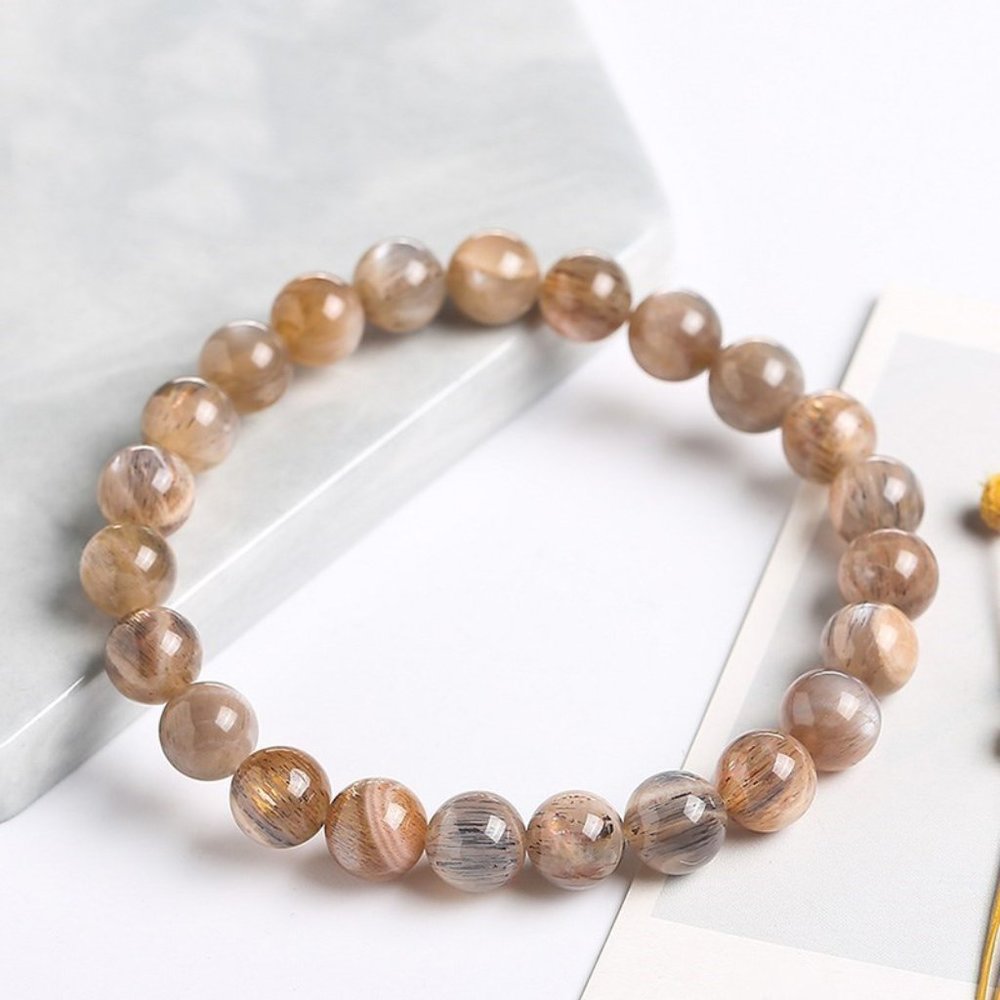Natural Brown Sunstone Crystal Bracelet Aventurescence Sunstone Stretch Bracelet